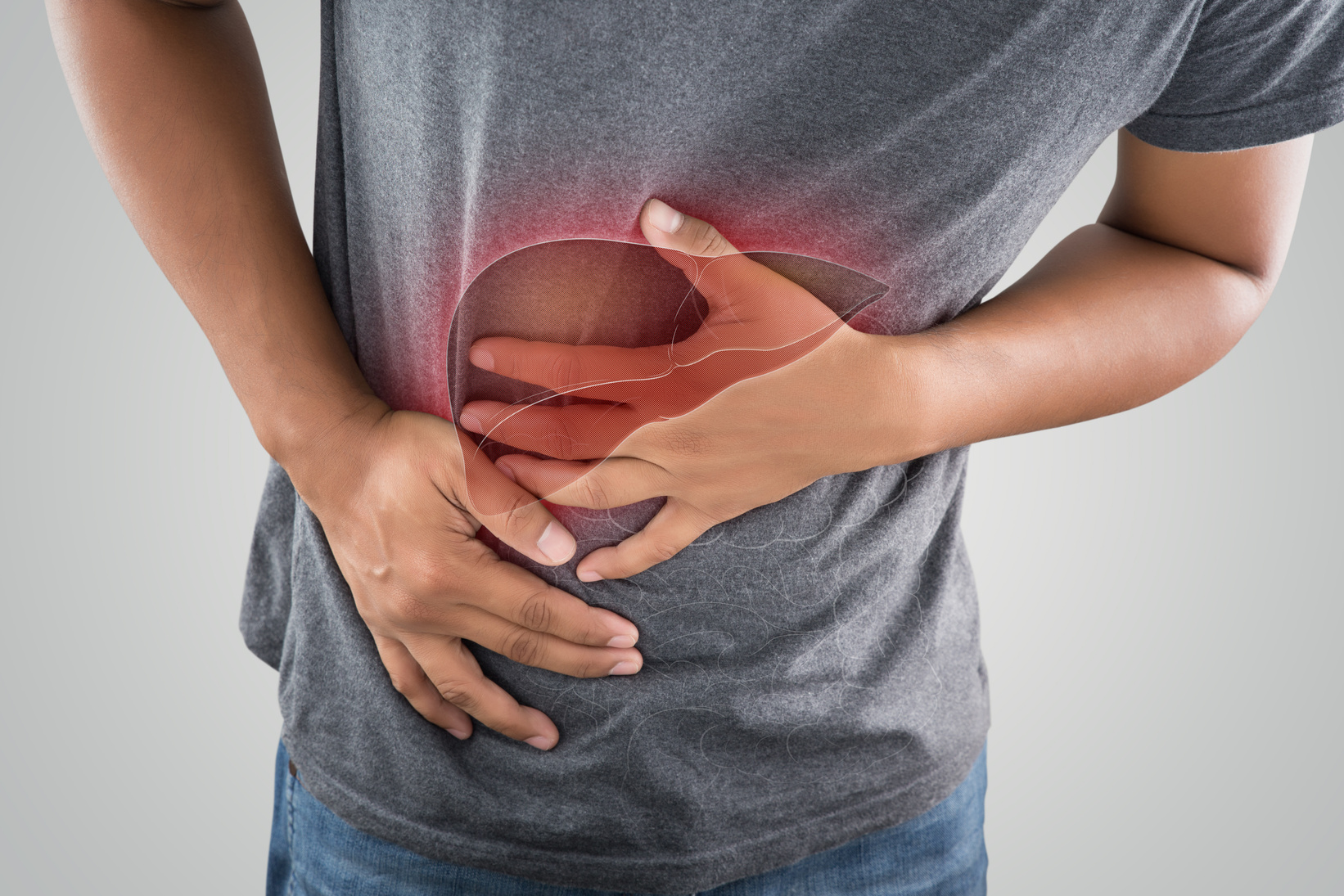 The Photo Of Liver On Man's Body Against Gray Background, Hepatitis, Concept with Healthcare And Medicine